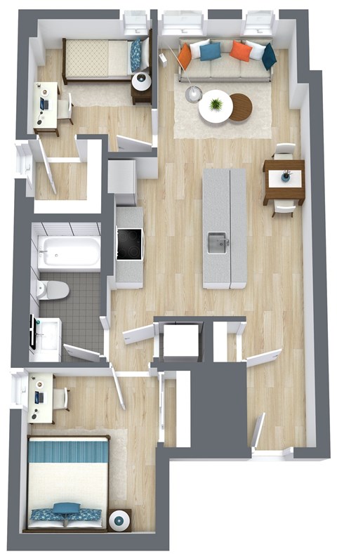Floor plan for 2 beds, 1 bath, 796 sqft